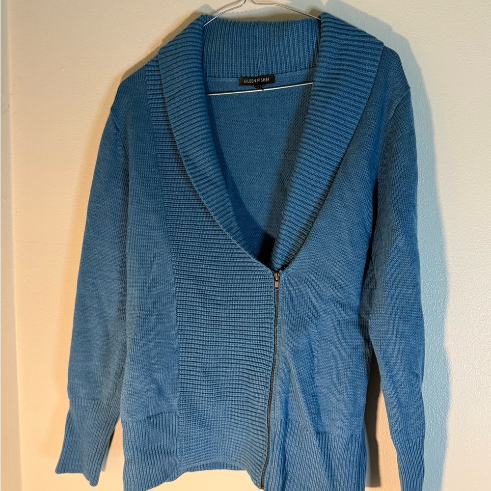Eileen Fisher Blue Shawl zip front Cardigan womens size small 100% merino wool